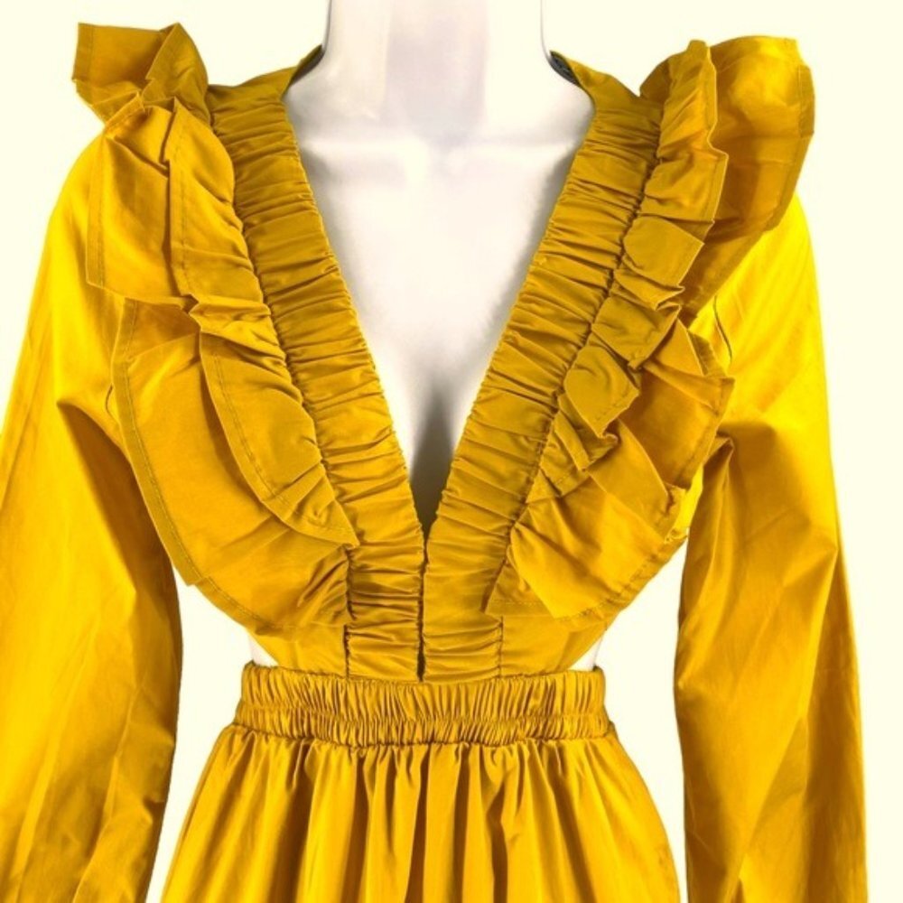 NEW Petal & Pup Mariga Long Sleeve Frill Shoulder Midi Dress in Marigold Size M - Picture 6 of 12
